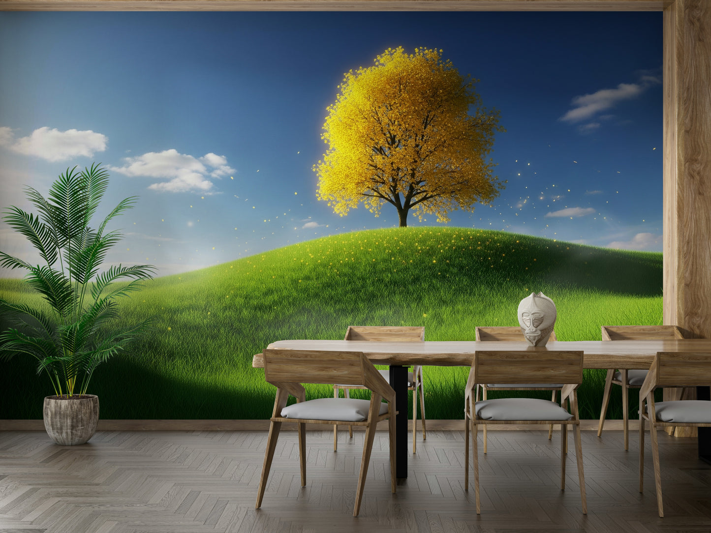 A contemplative forest light wallpaper mural for a feature wall.

