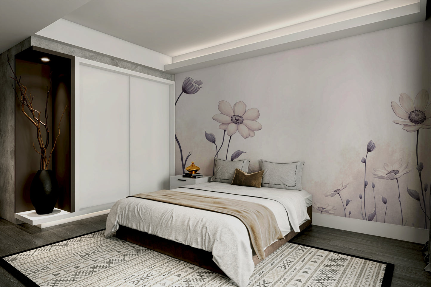 An artistic daisy bloom mural on minimalist wallpaper.

