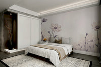 An artistic daisy bloom mural on minimalist wallpaper.

