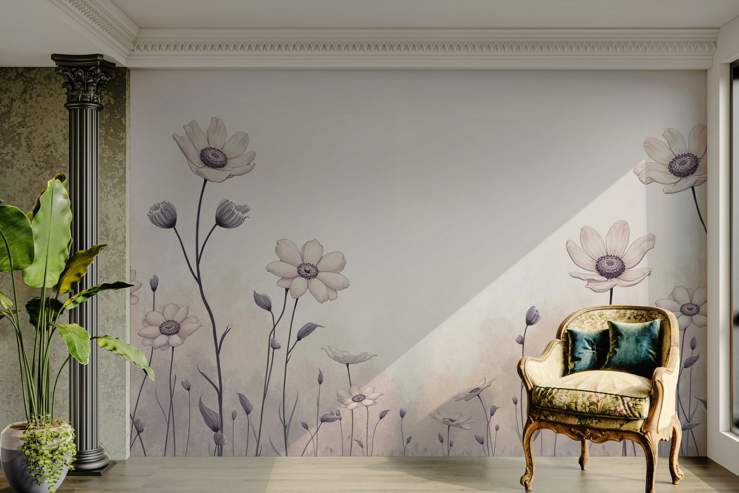 A peaceful natural field mural on decorative wallpaper.

