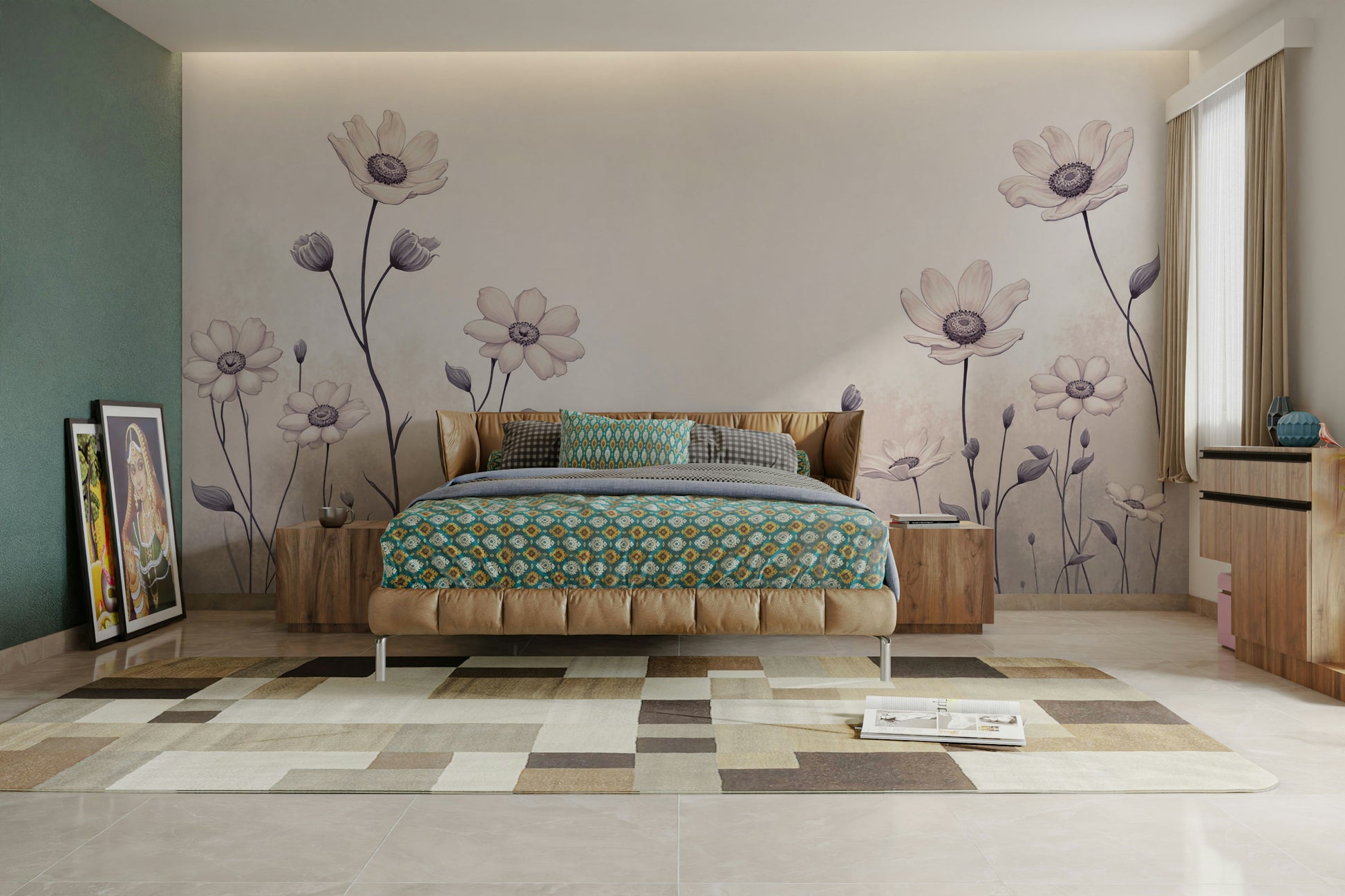 A graceful subtle daisy wall mural in cool, natural tones.

