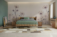 A graceful subtle daisy wall mural in cool, natural tones.

