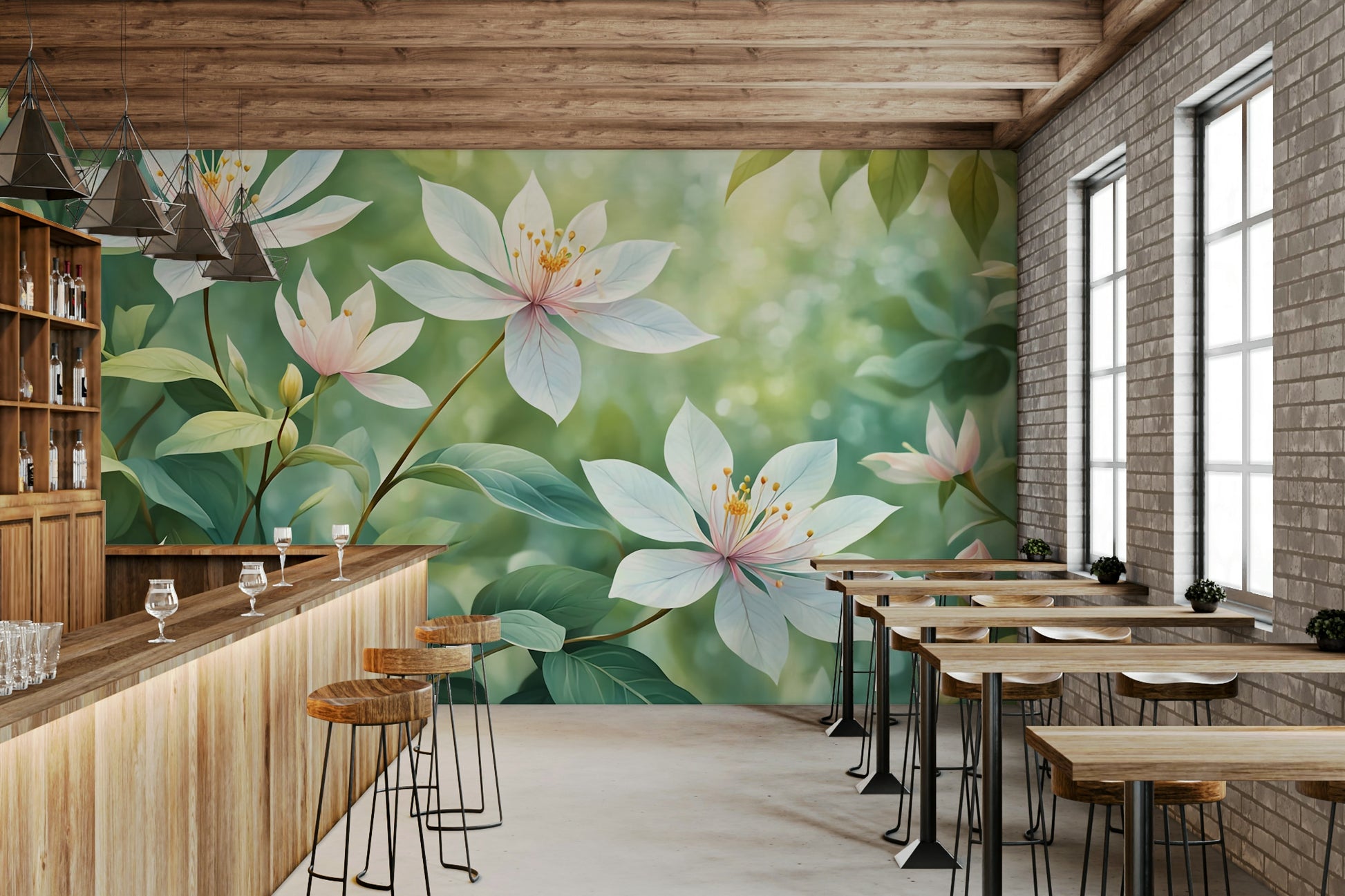 A beautiful modern art wall mural of delicate flowers.

