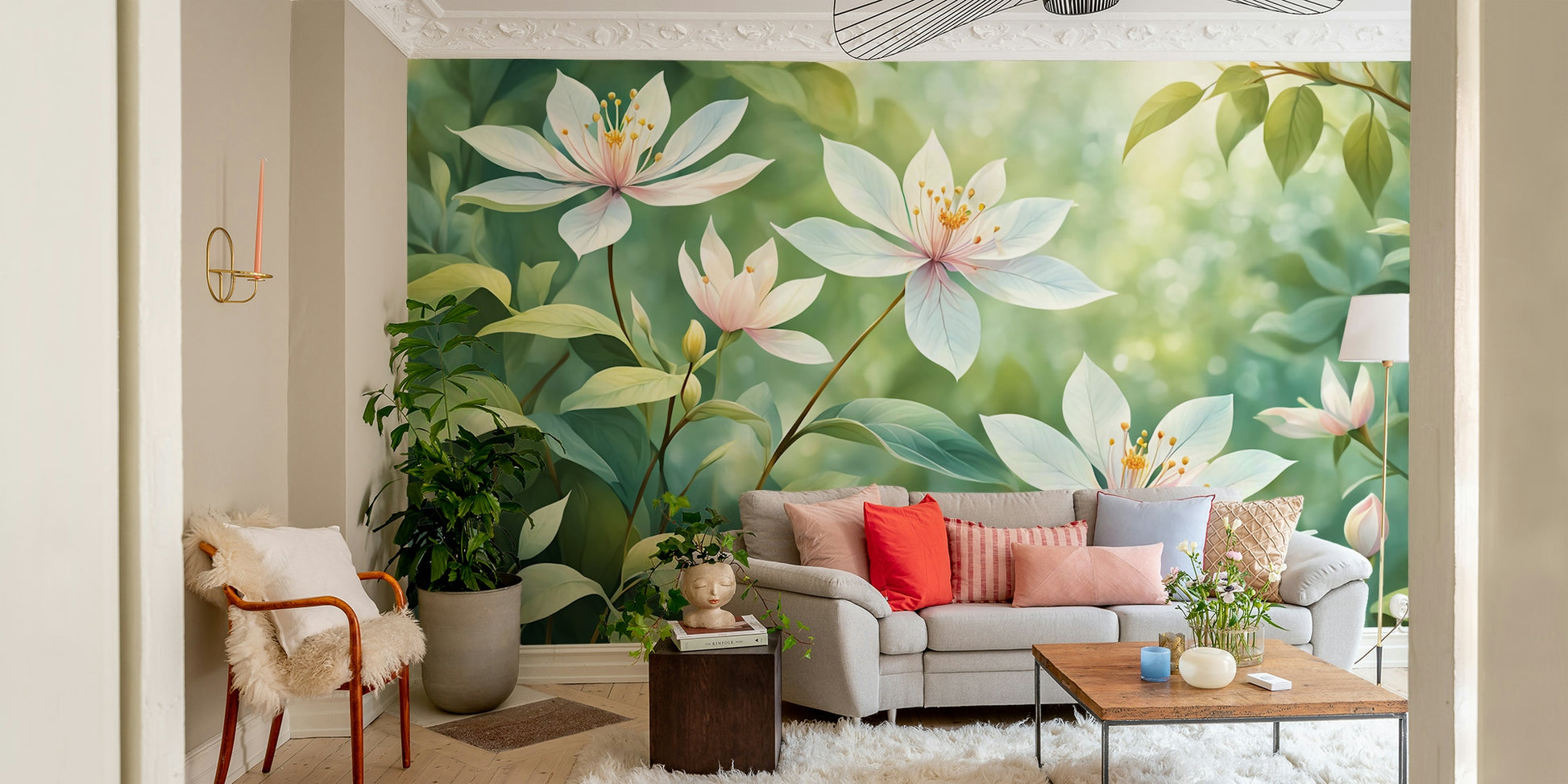 A beautiful serene floral wallpaper mural for a modern home.

