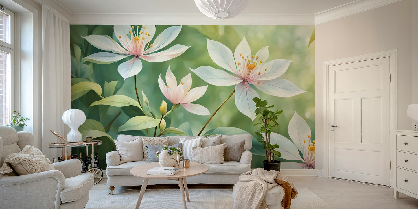 A peaceful flower design mural on decorative wallpaper.

