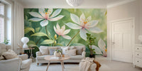 A peaceful flower design mural on decorative wallpaper.

