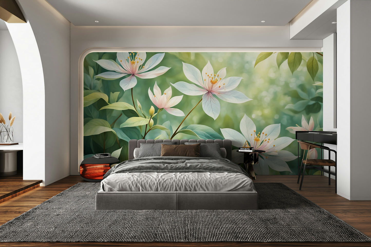 An artistic peaceful garden mural on minimalist wallpaper.

