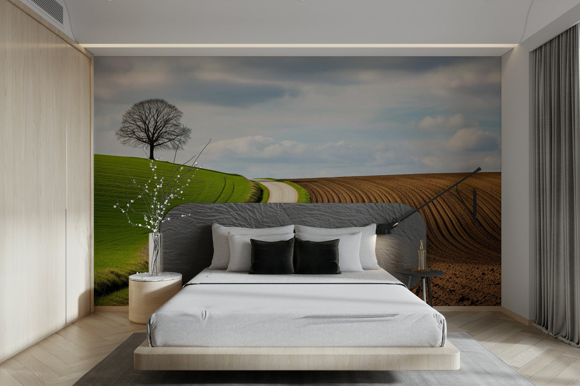 An artistic scenic vista mural on minimalist wallpaper.

