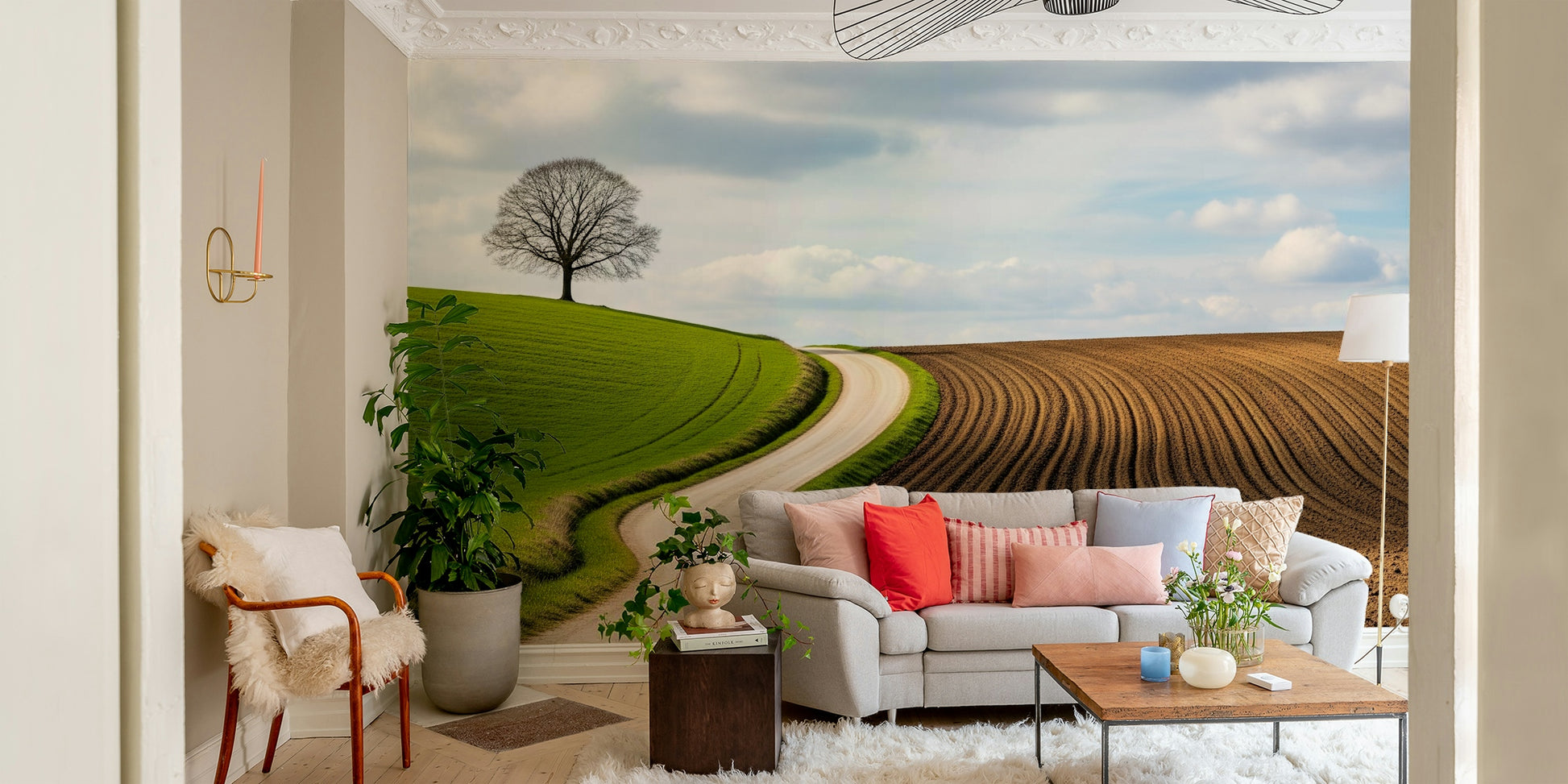 A graceful subtle pattern wall mural in cool, natural tones.

