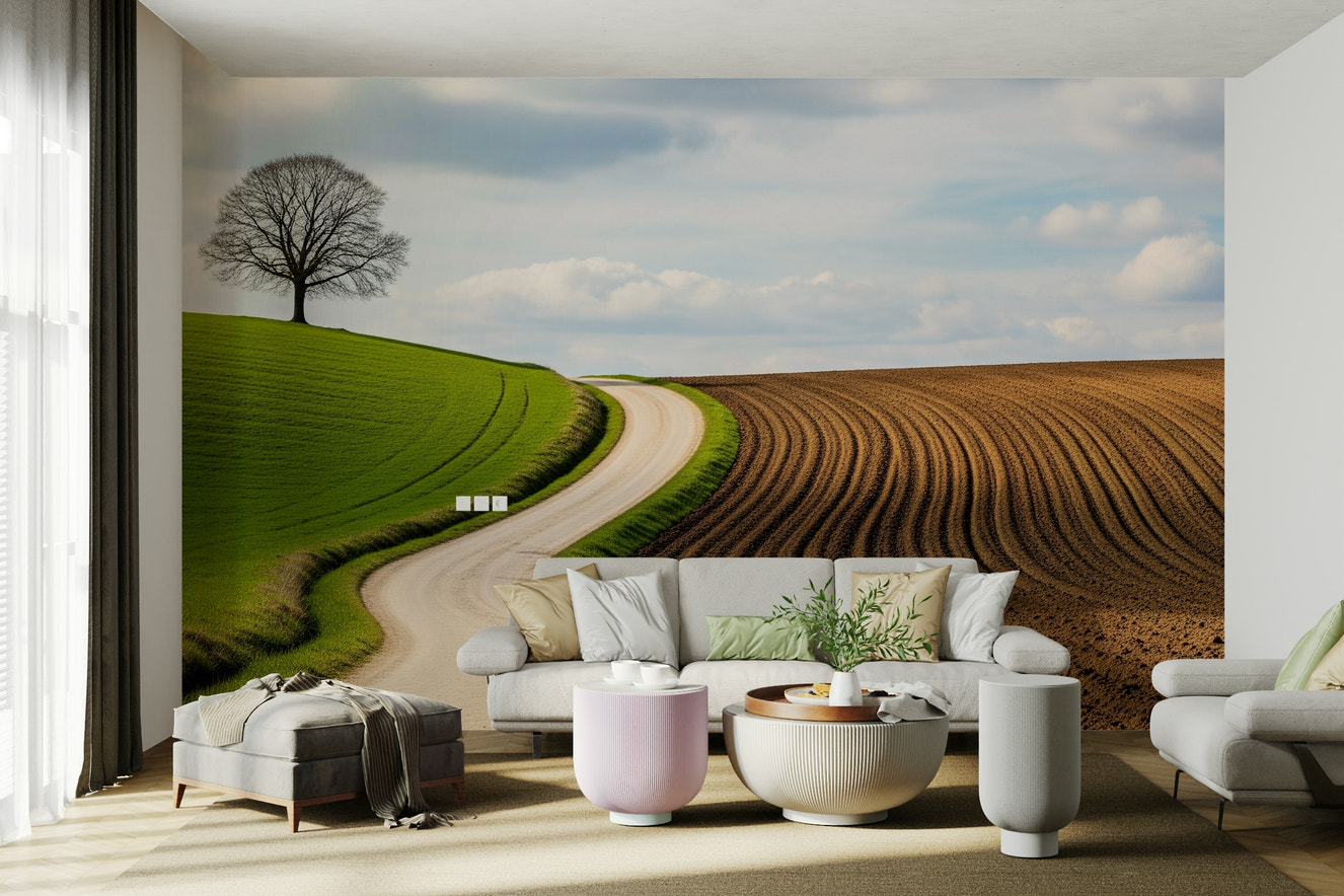 A beautiful rural landscape wallpaper mural with a winding path.

