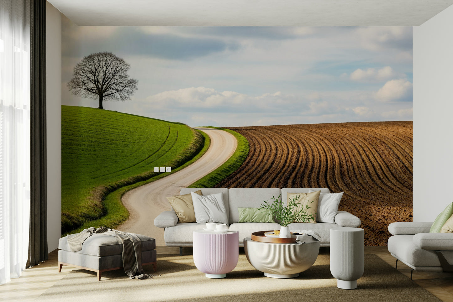 A beautiful rural landscape wallpaper mural with a winding path.

