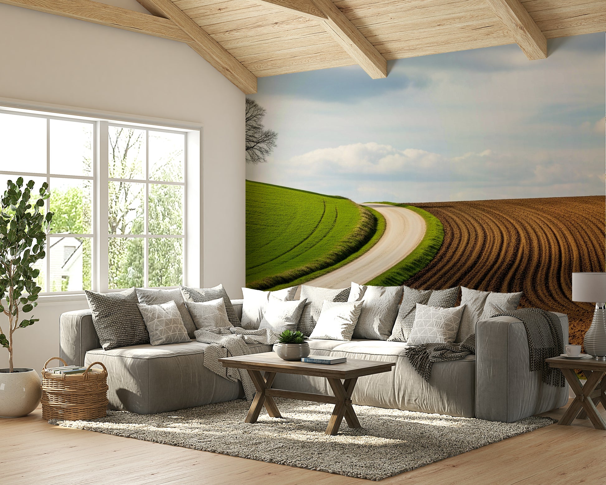 A beautiful modern landscape wall mural for a living room.

