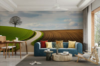 A peaceful rolling hills mural on decorative wallpaper.

