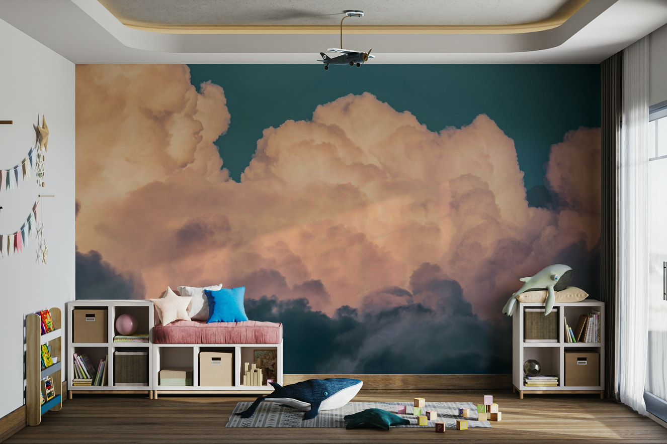 A beautiful serene sky wallpaper mural with soft clouds.

