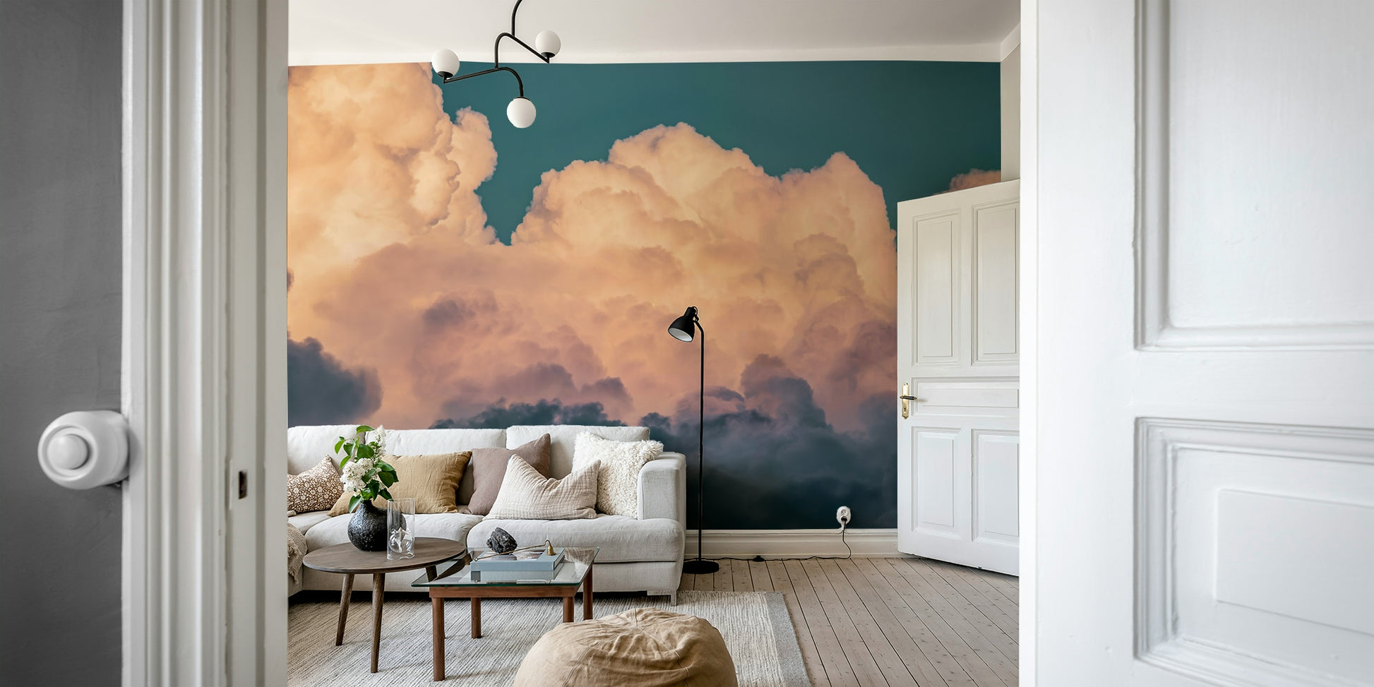 A peaceful open sky mural on decorative wallpaper.

