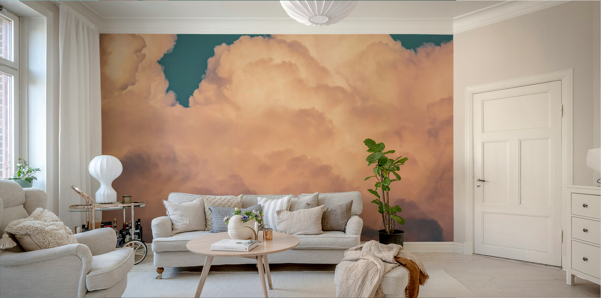 An artistic dreamy sky mural on minimalist wallpaper.

