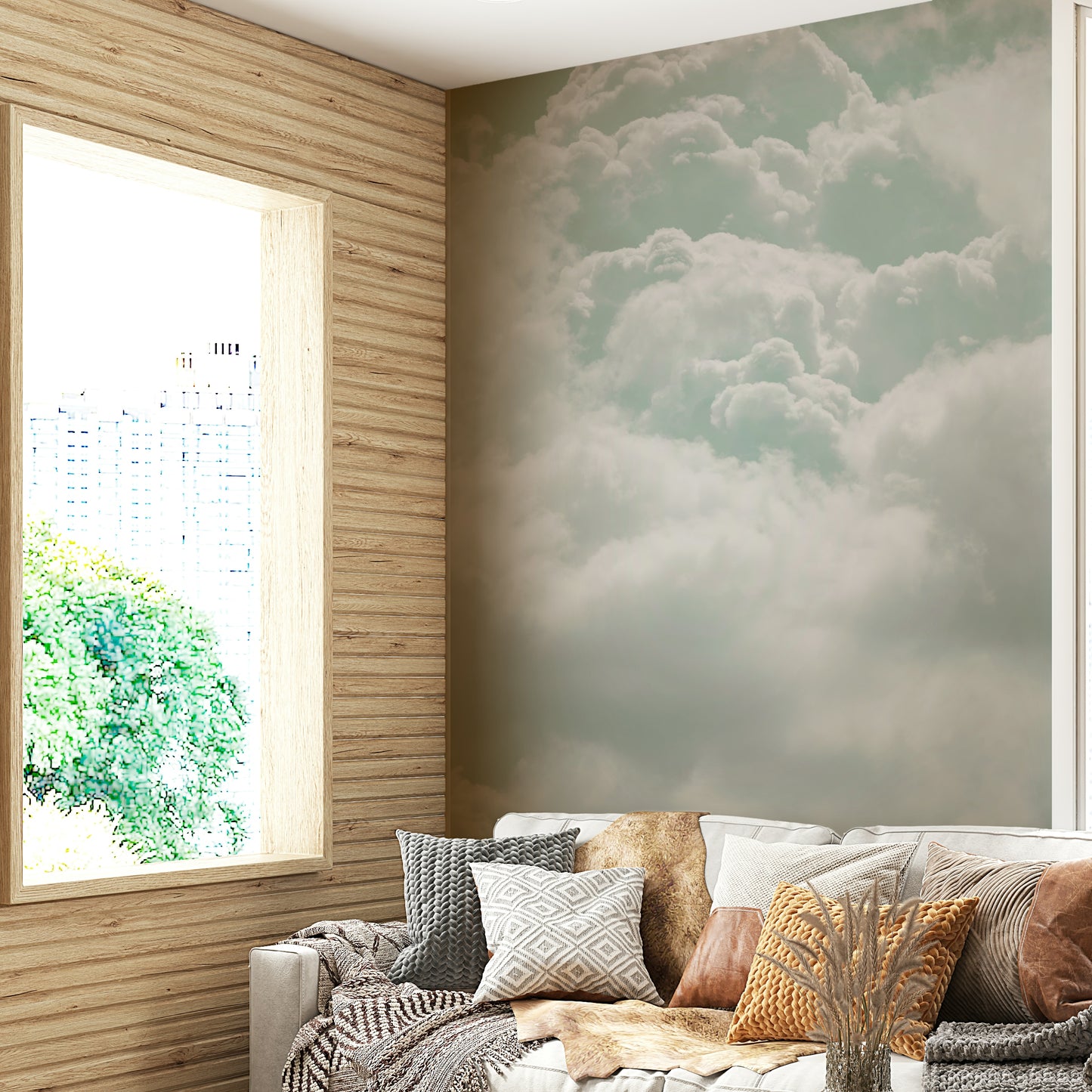 A tranquil white cloud wall mural for your decor.

