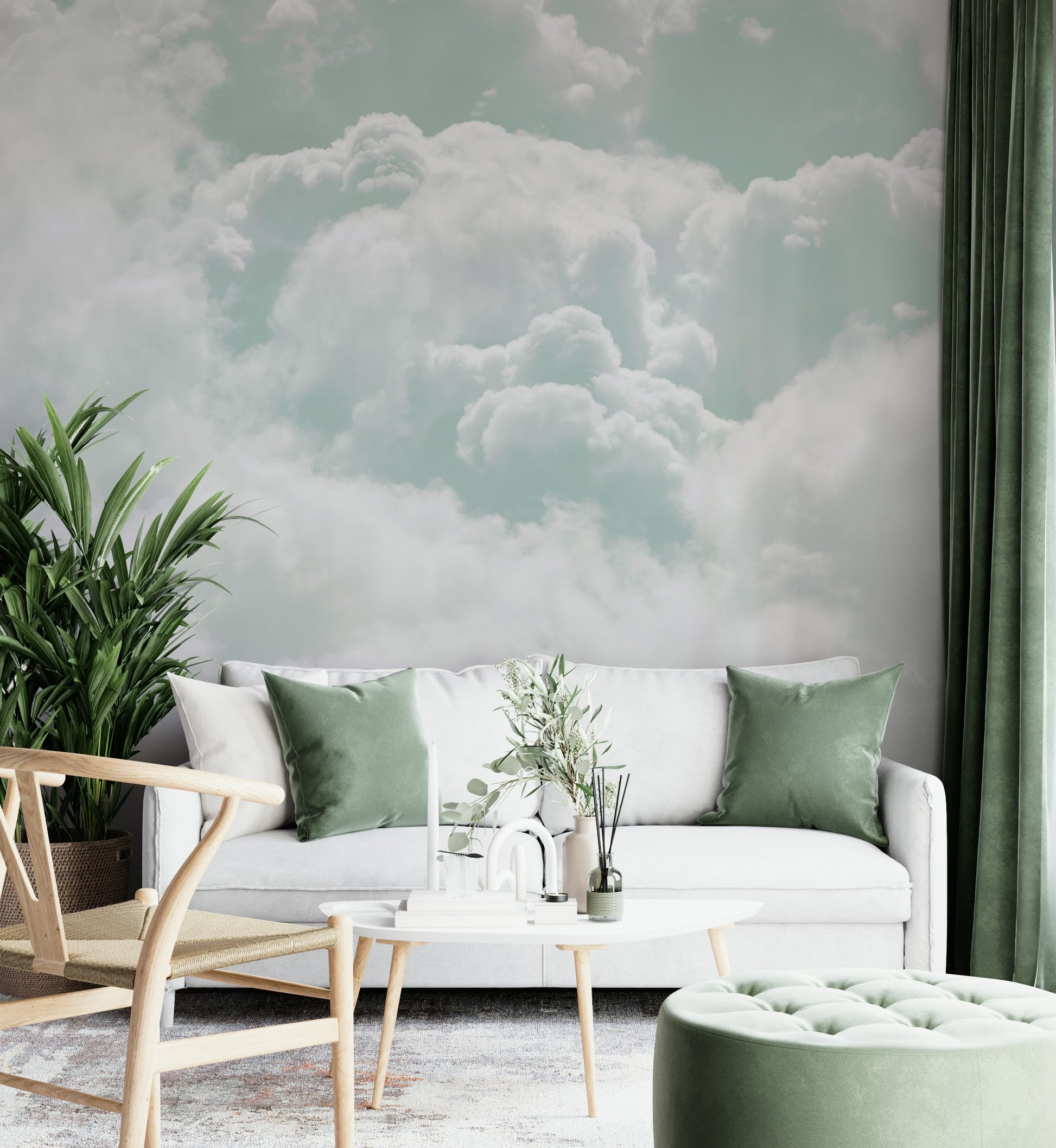A peaceful open sky mural on decorative wallpaper.

