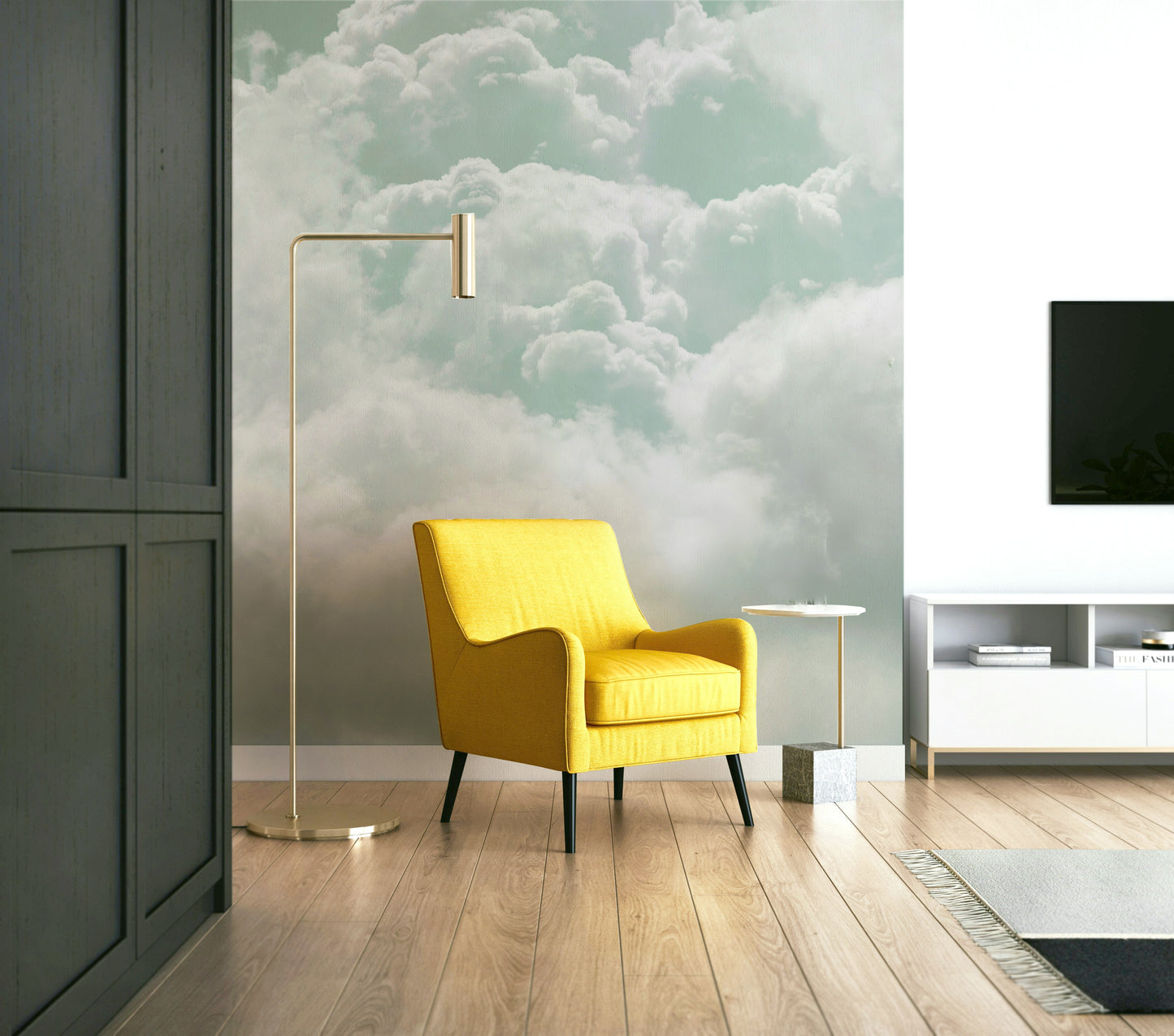 An artistic dreamy sky mural on minimalist wallpaper.

