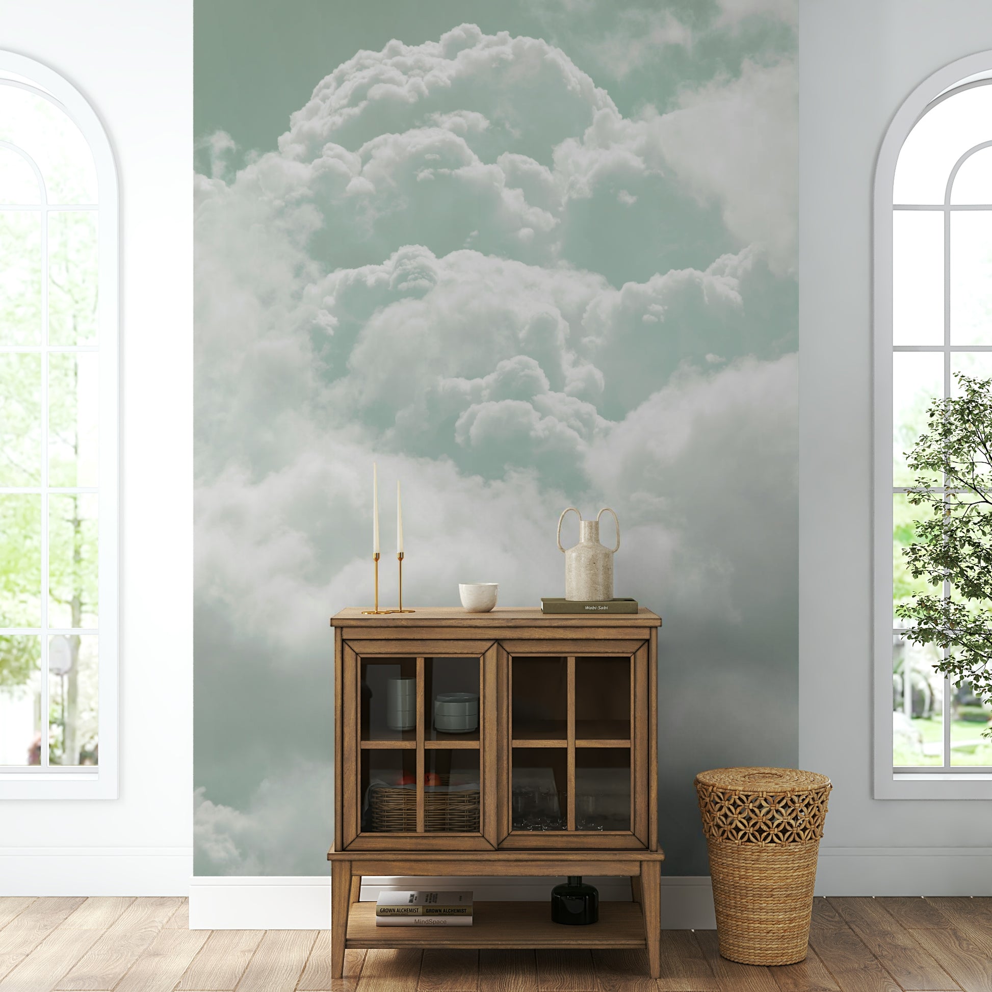 A calming serene sky wallpaper mural that defines a space.

