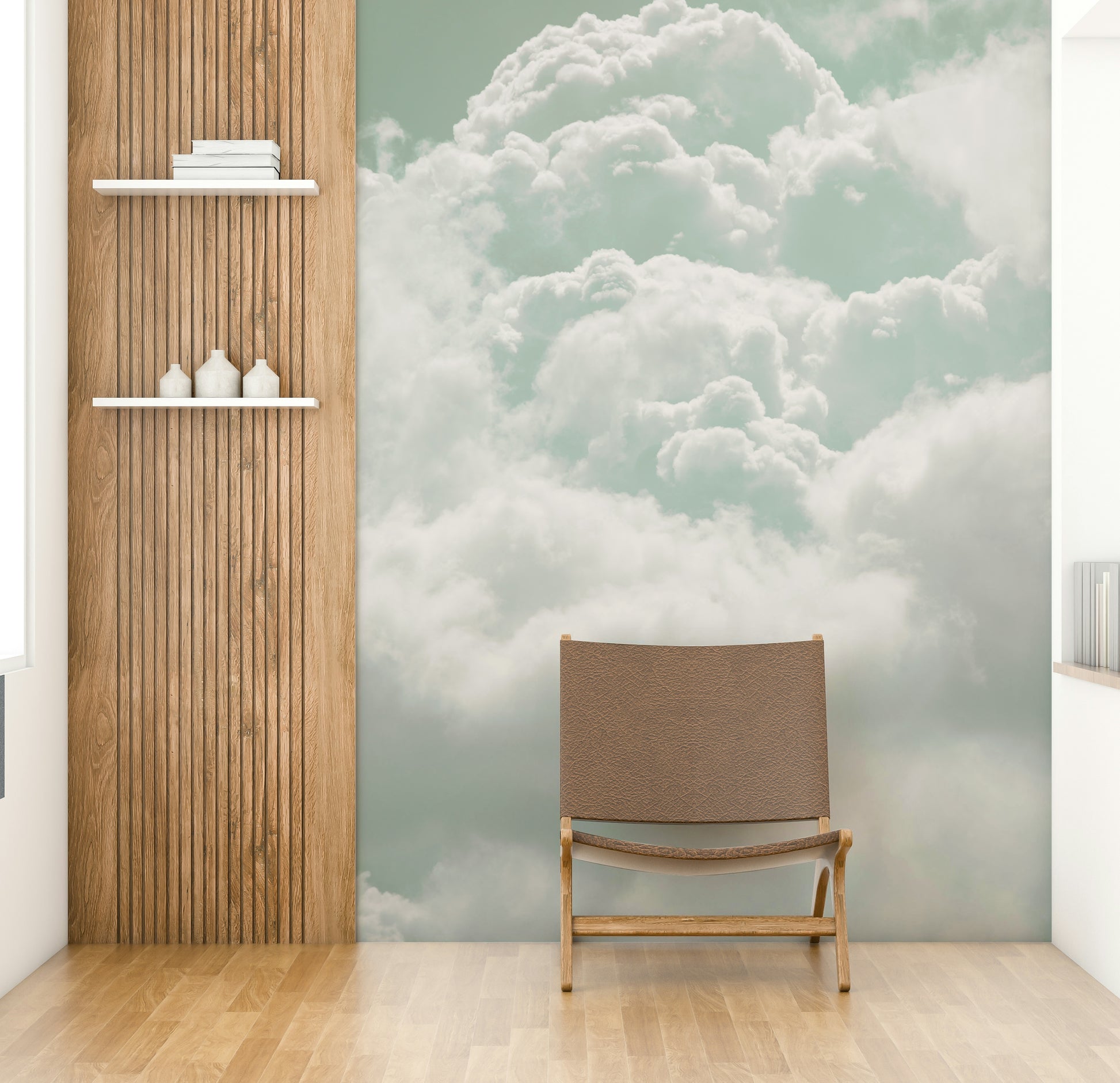 A graceful subtle cloud wall mural in bright blue tones.

