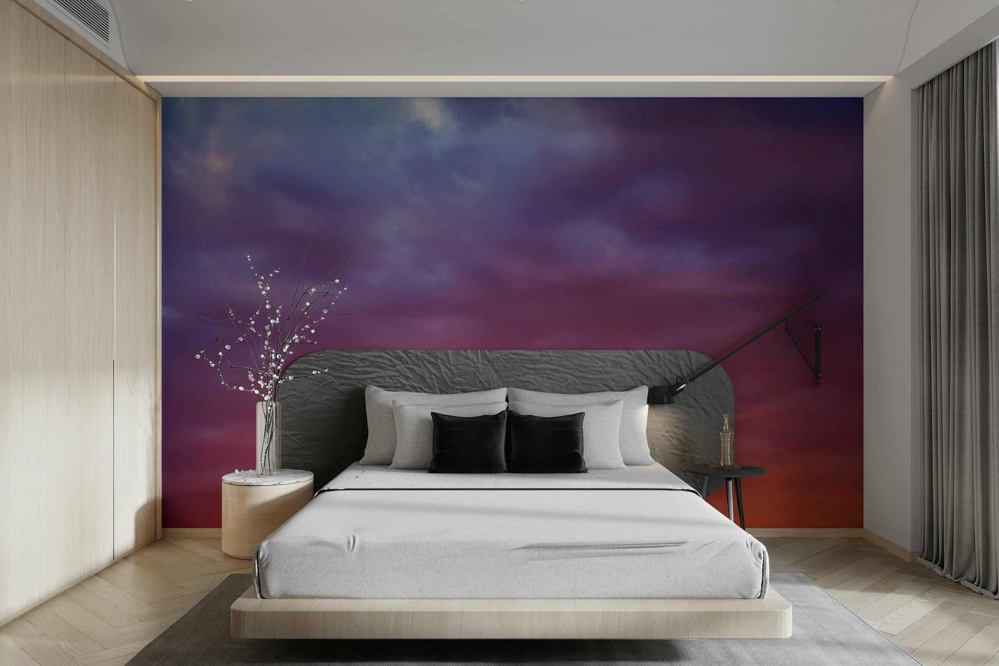 An artistic abstract sunset mural on minimalist wallpaper.

