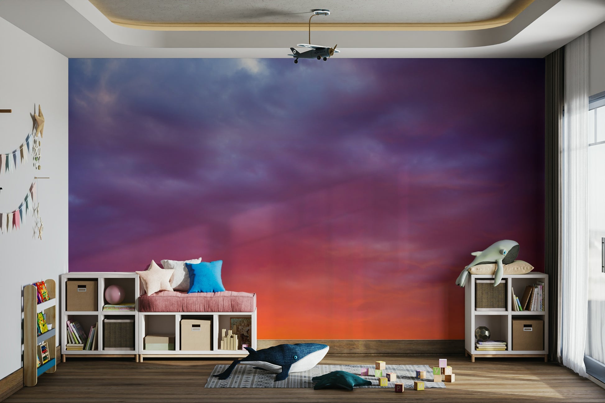 A calming colorful sky wallpaper mural that defines a space.

