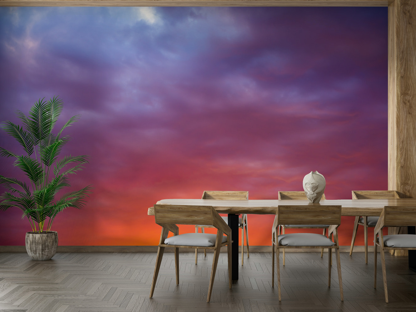 A beautiful vibrant sky wallpaper mural with a glowing sunset.

