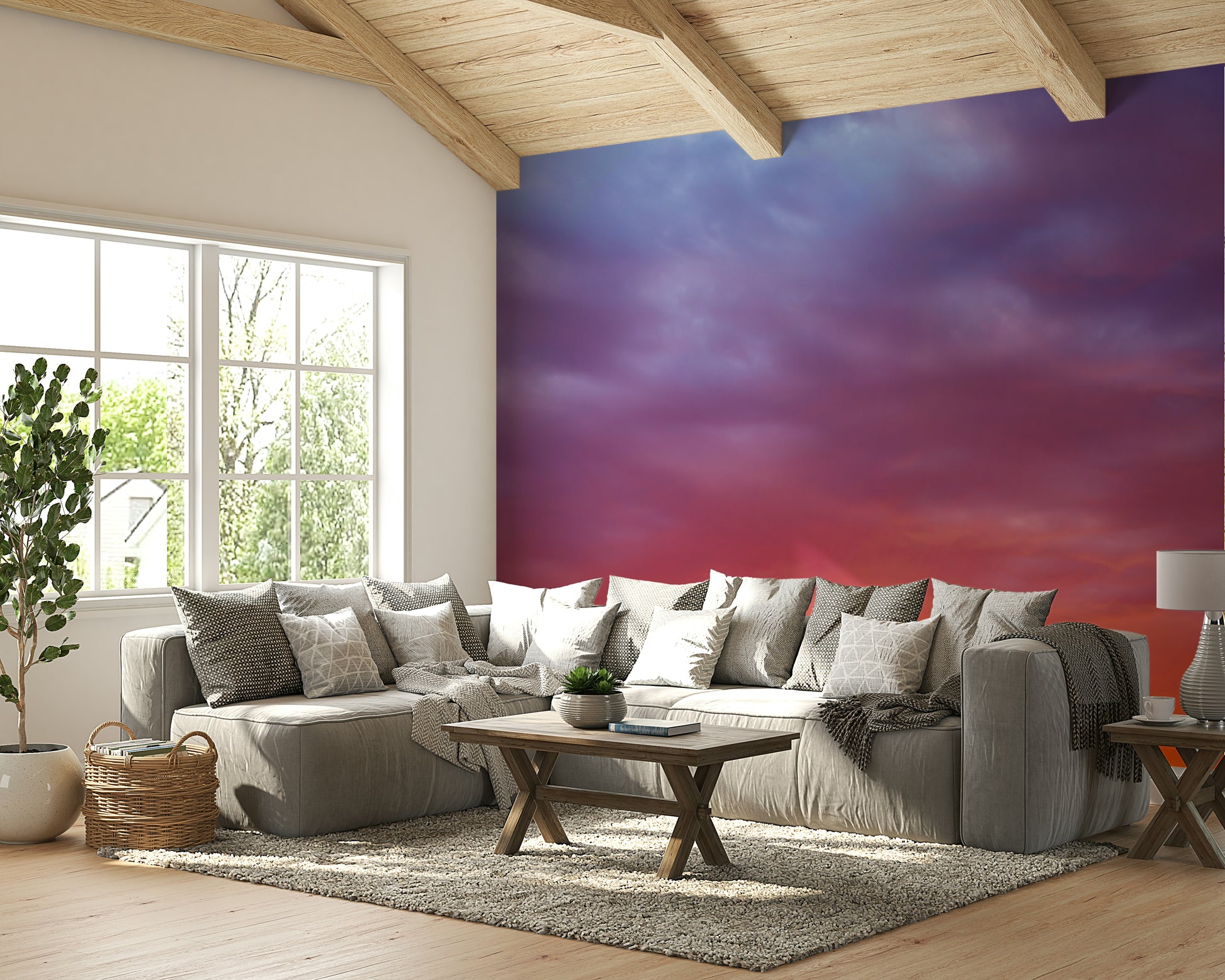 A peaceful open sky mural on decorative wallpaper.


