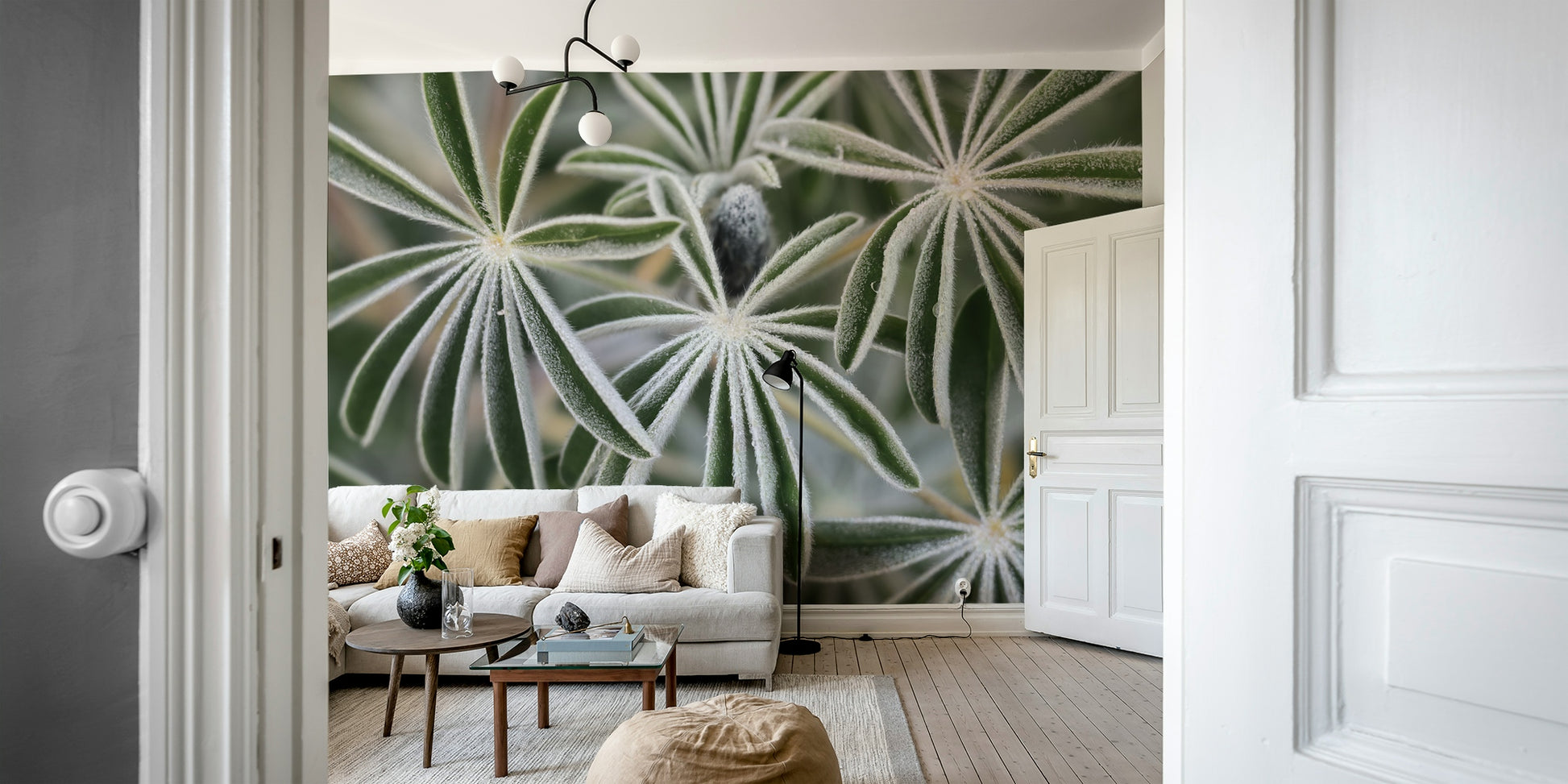 A peaceful natural field mural on decorative wallpaper.

