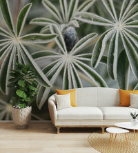 A beautiful serene floral wallpaper mural with blue lupines.

