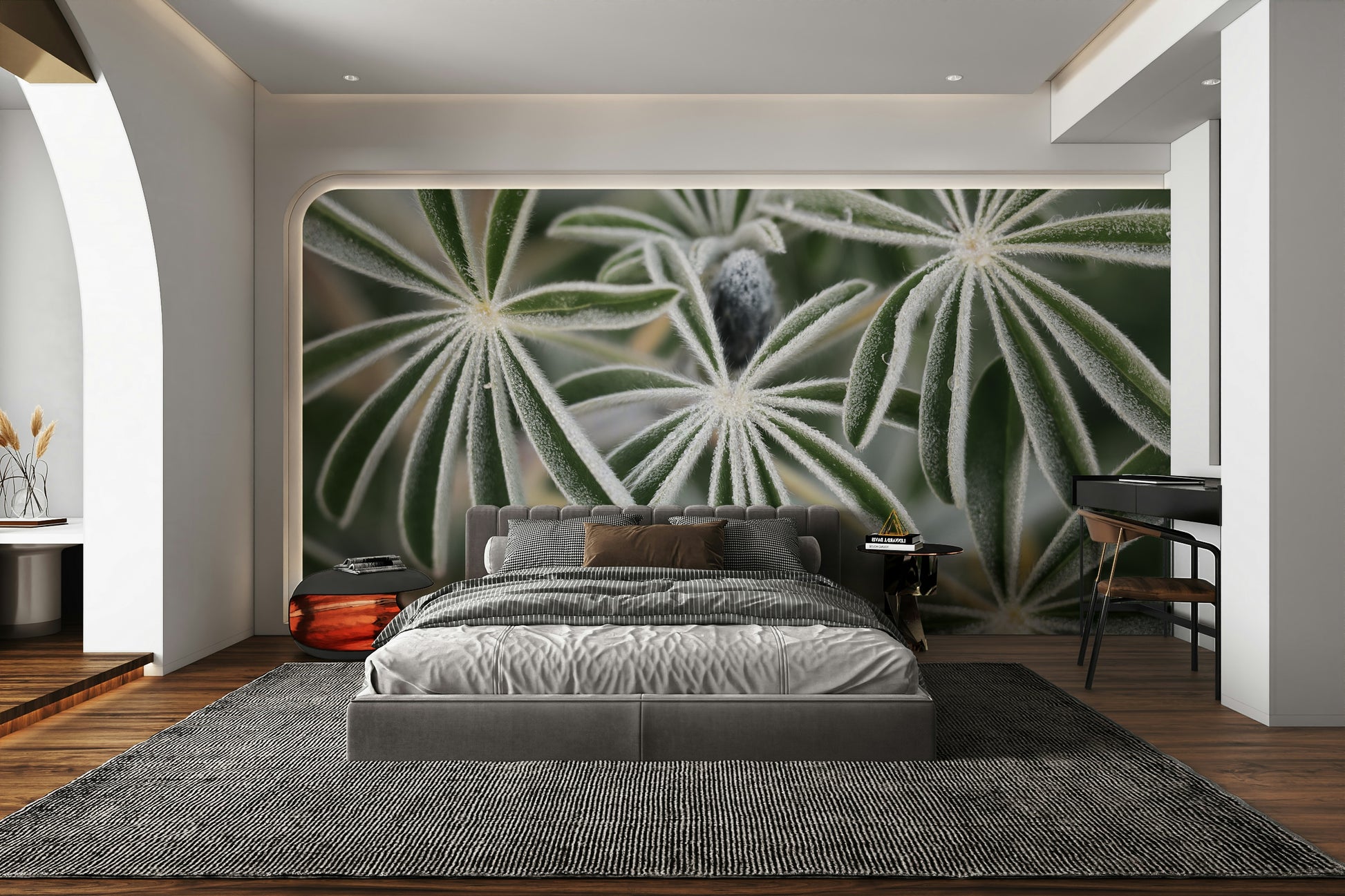 An artistic lupine flower mural on minimalist wallpaper.


