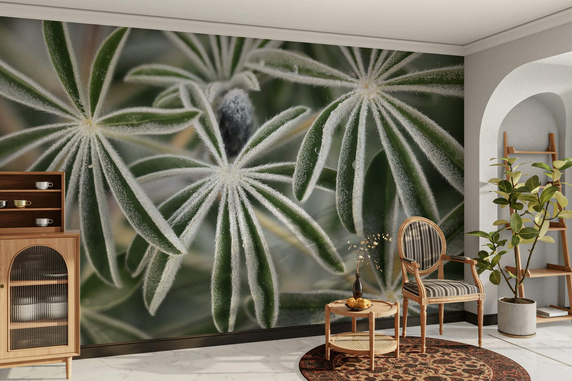 A graceful blue blossom wall mural in cool, natural tones.

