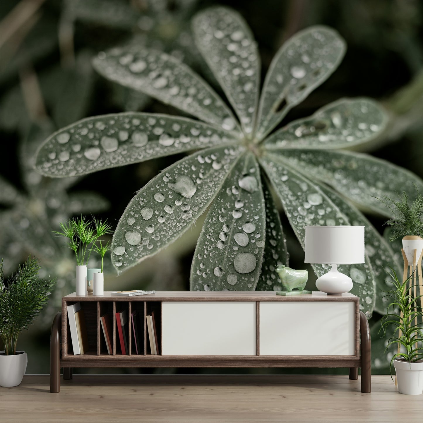 A peaceful meadow scene mural on decorative wallpaper.

