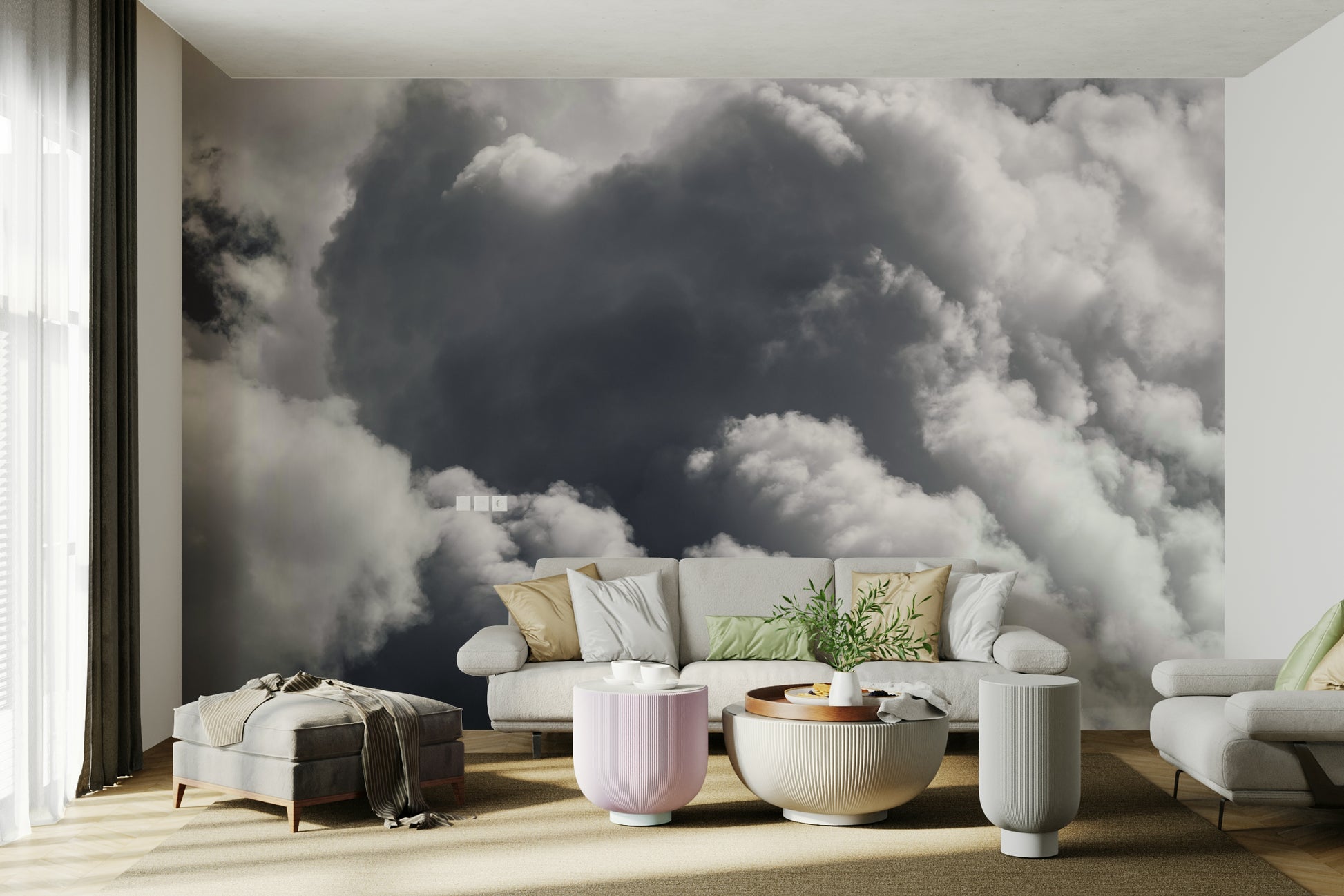 A peaceful open sky mural on decorative wallpaper.


