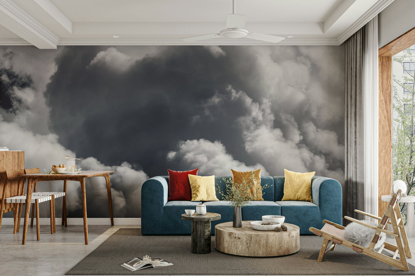 A graceful subtle cloud wall mural in bright blue tones.

