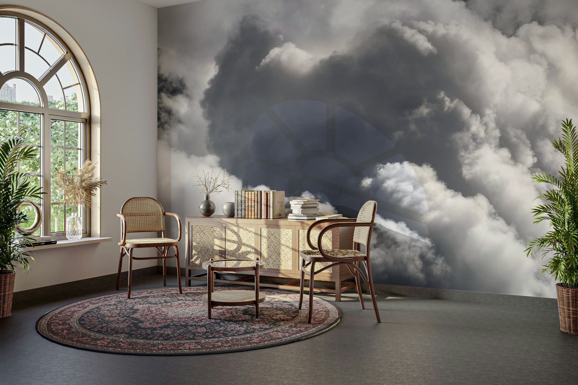 An artistic dreamy sky mural on minimalist wallpaper.


