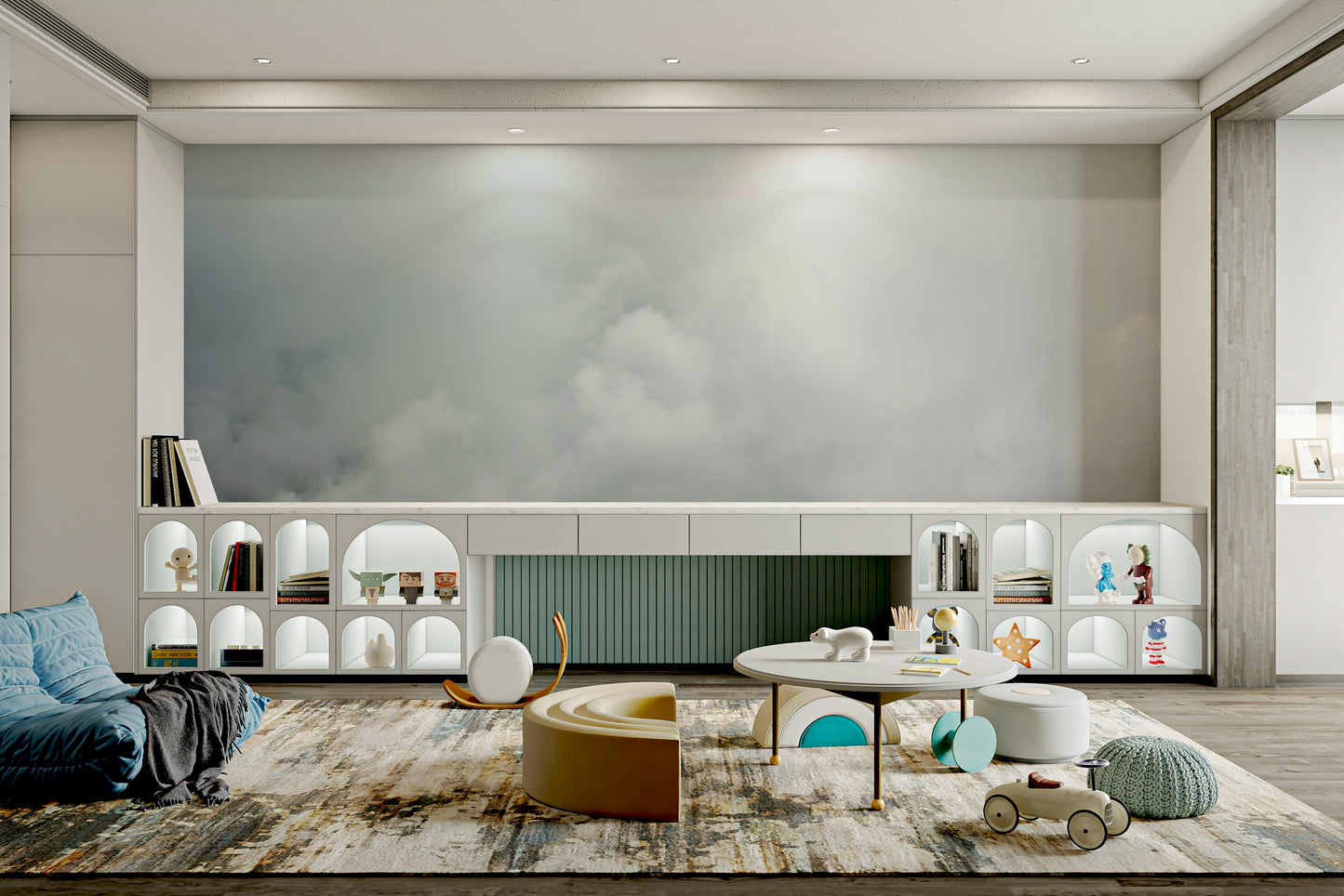 An artistic natural reserve mural on minimalist wallpaper.

