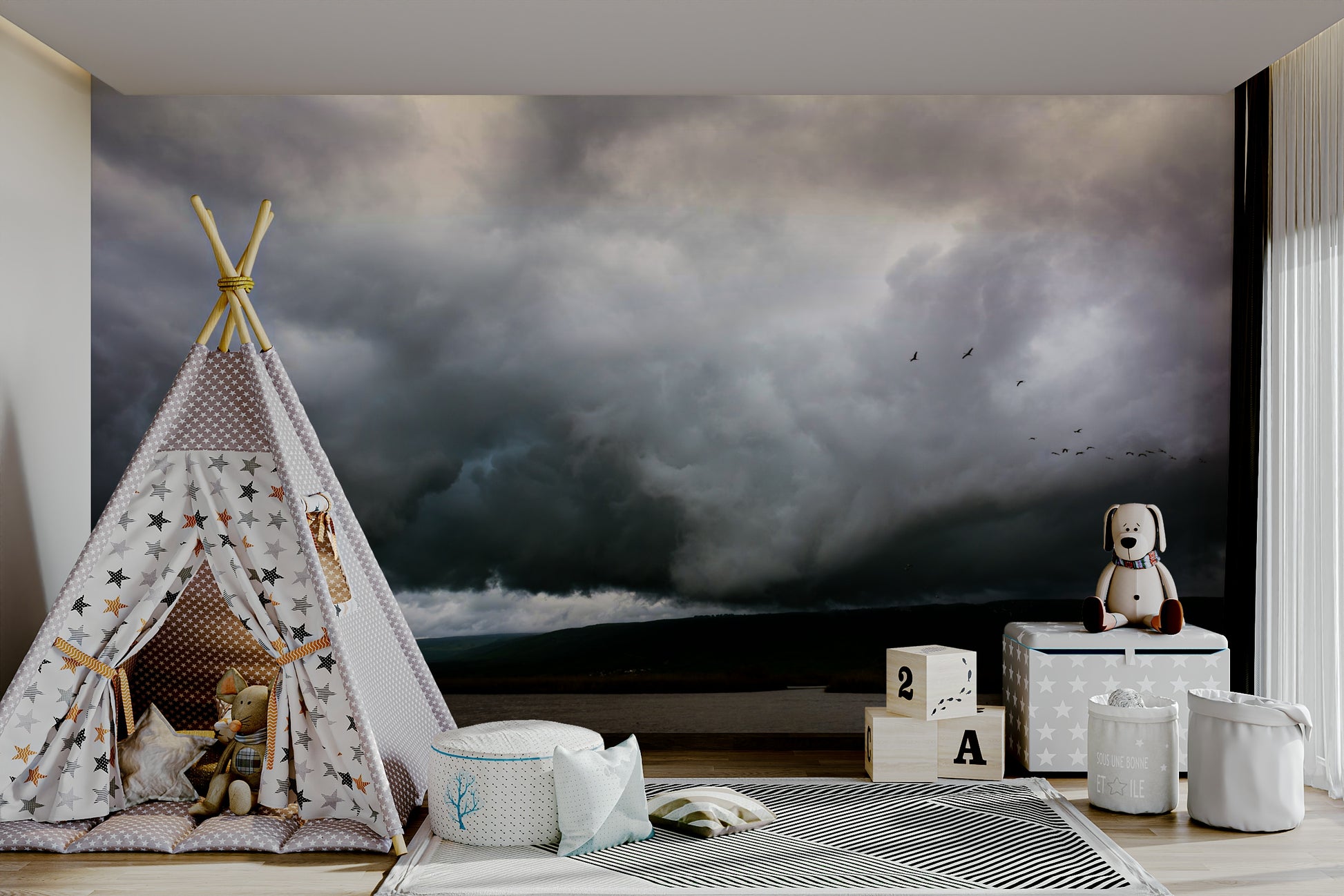 A peaceful wetlands scene mural on decorative wallpaper.

