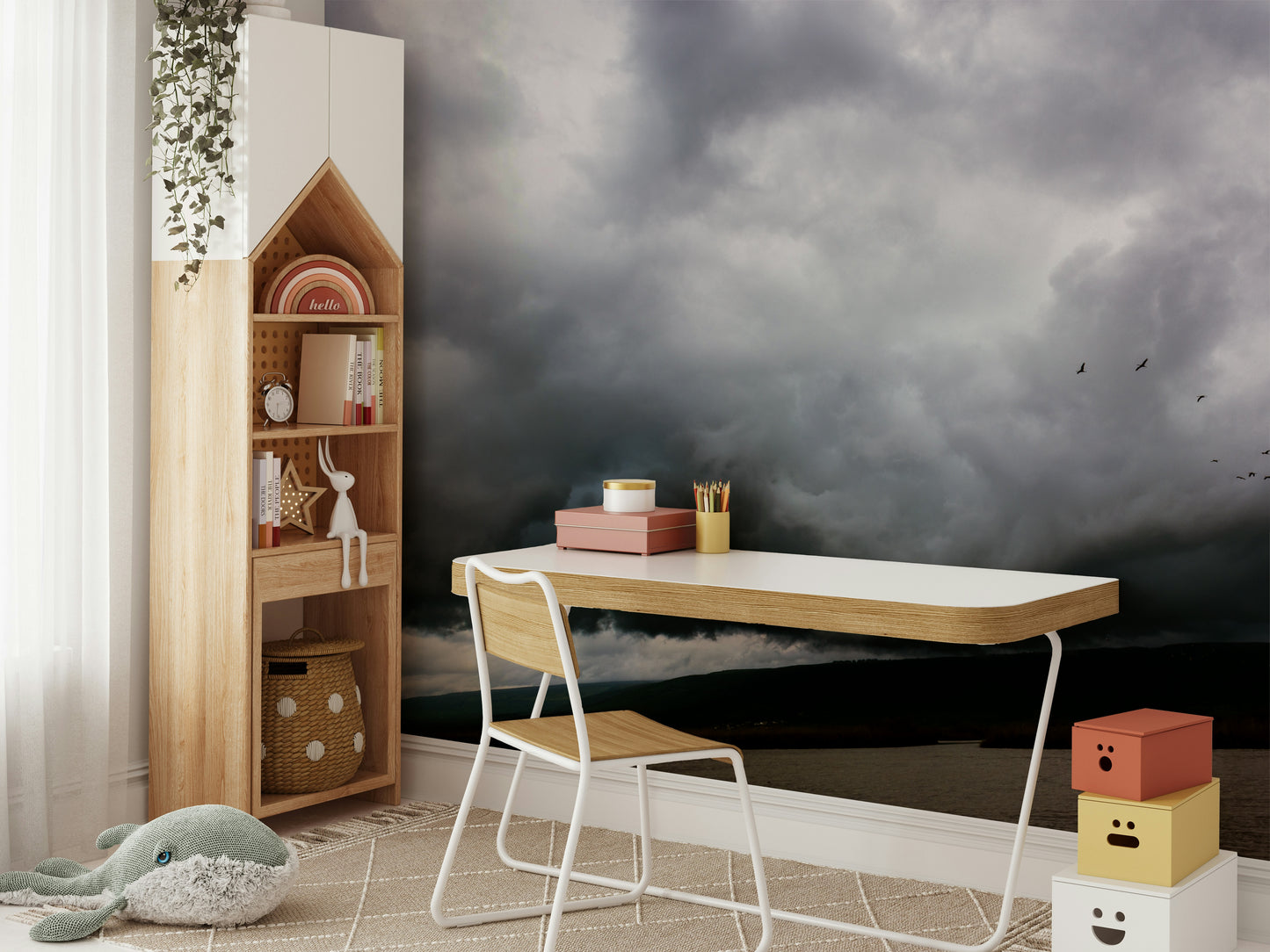 An artistic nature escape mural for home decor.

