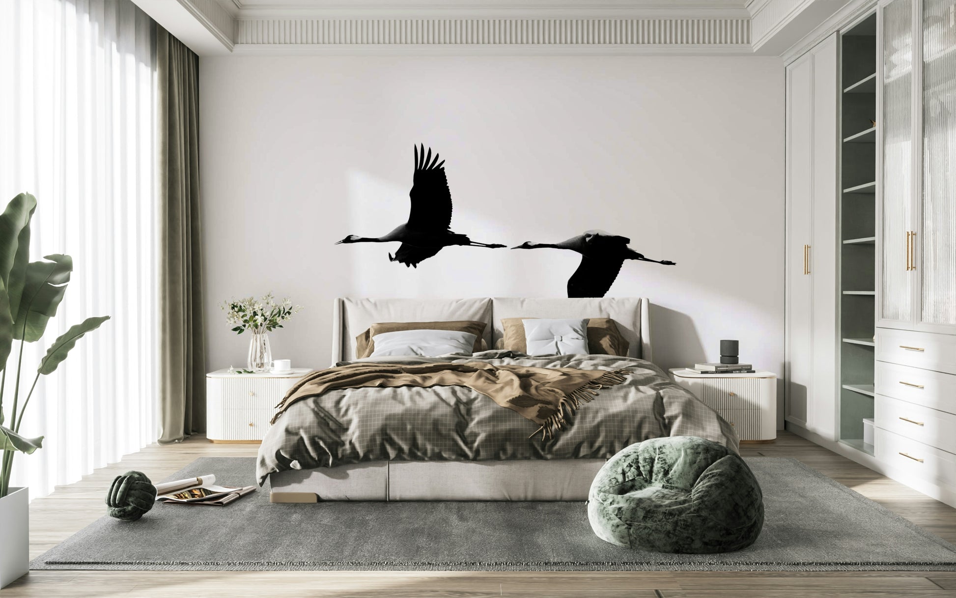 A graceful subtle bird wall mural in cool, natural tones.

