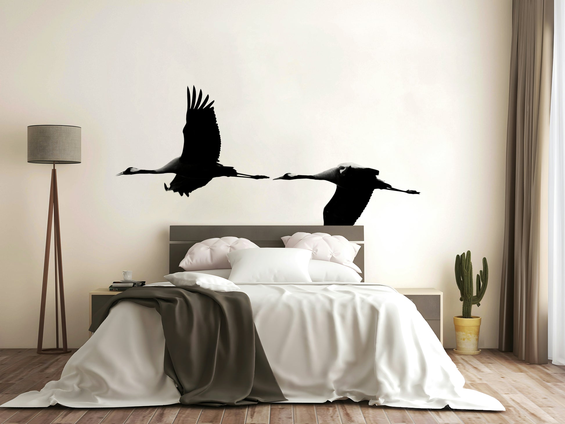 An artistic elegant crane mural on minimalist wallpaper.

