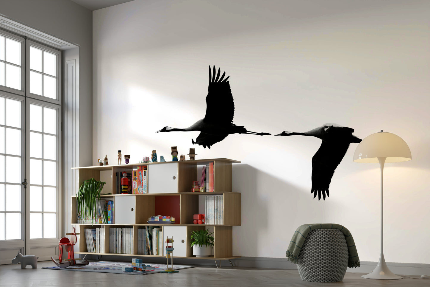 A beautiful flying crane wall mural for a living room.

