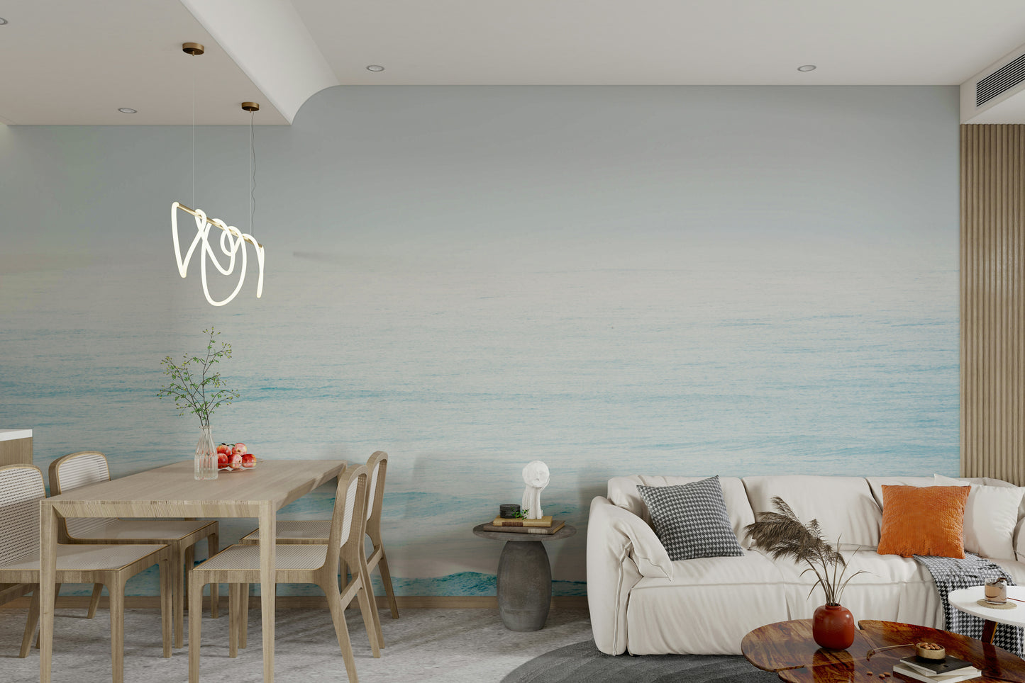 A peaceful open ocean mural on decorative wallpaper.

