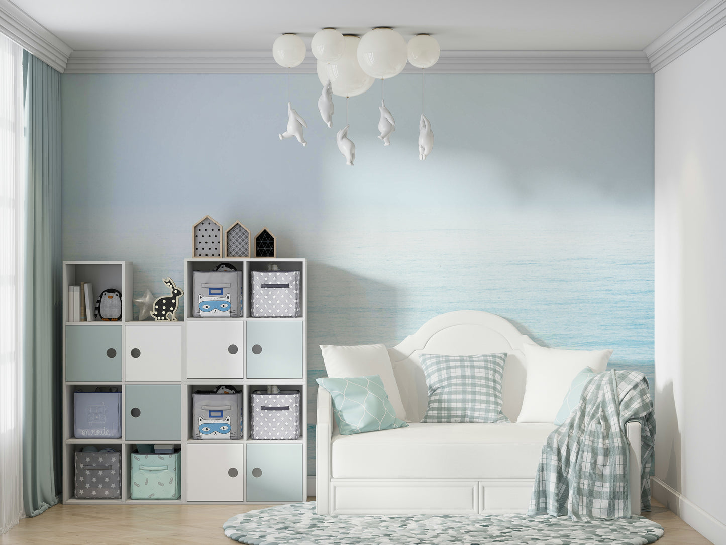 A calming abstract wave wallpaper mural that defines a space.

