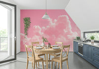 A beautiful serene sky wallpaper mural with soft pink clouds.

