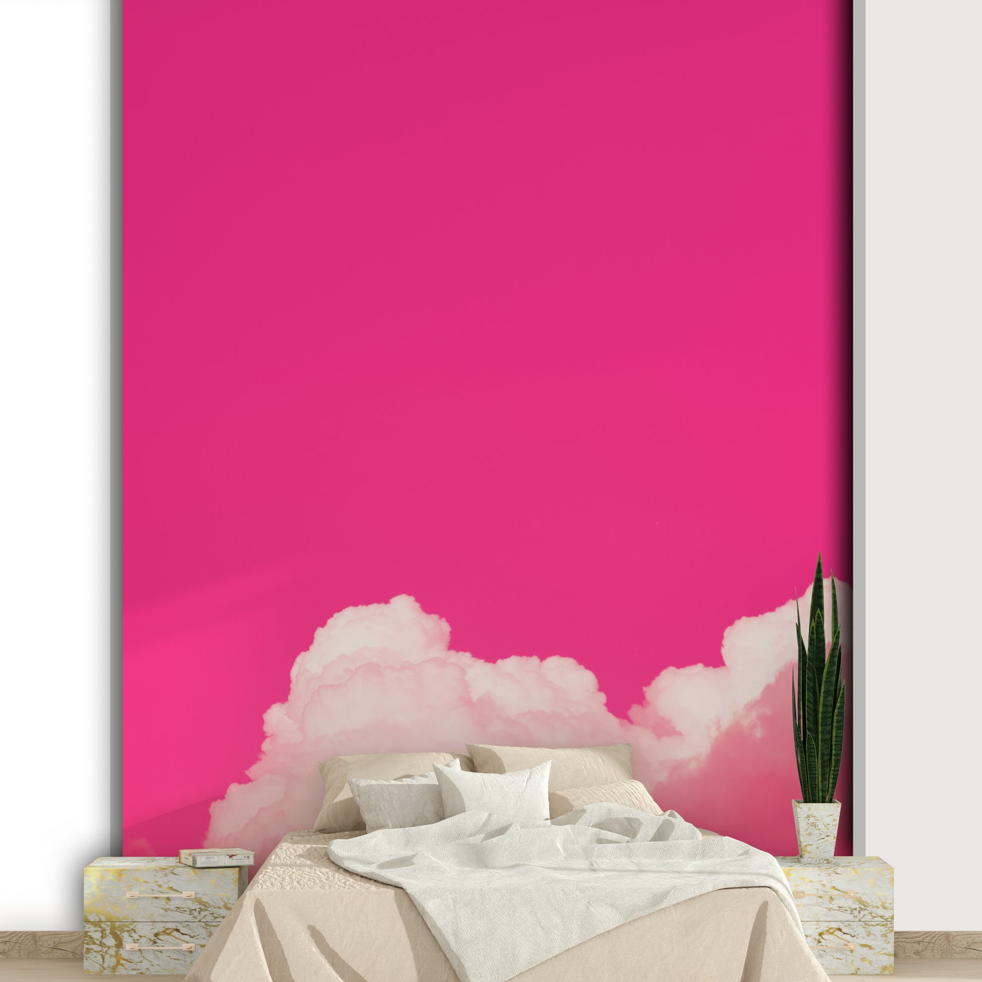 A graceful subtle cloud wall mural in bright, fun tones.

