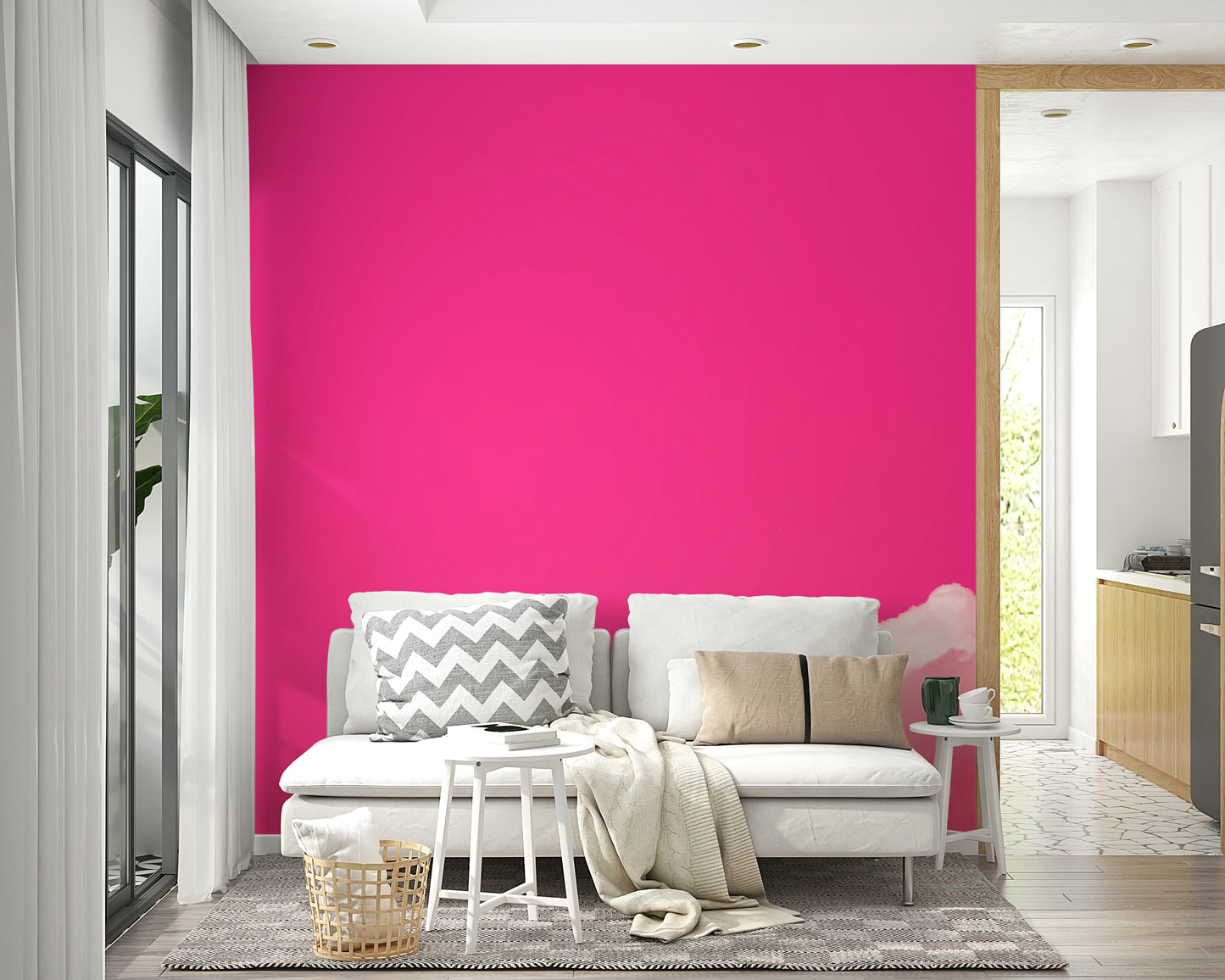 An artistic pink cloud mural on bright wallpaper.

