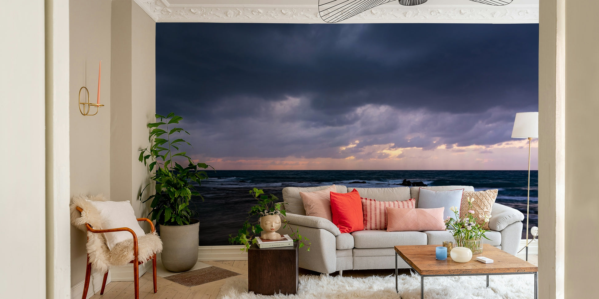 An artistic Yoreh pattern mural on minimalist wallpaper.

