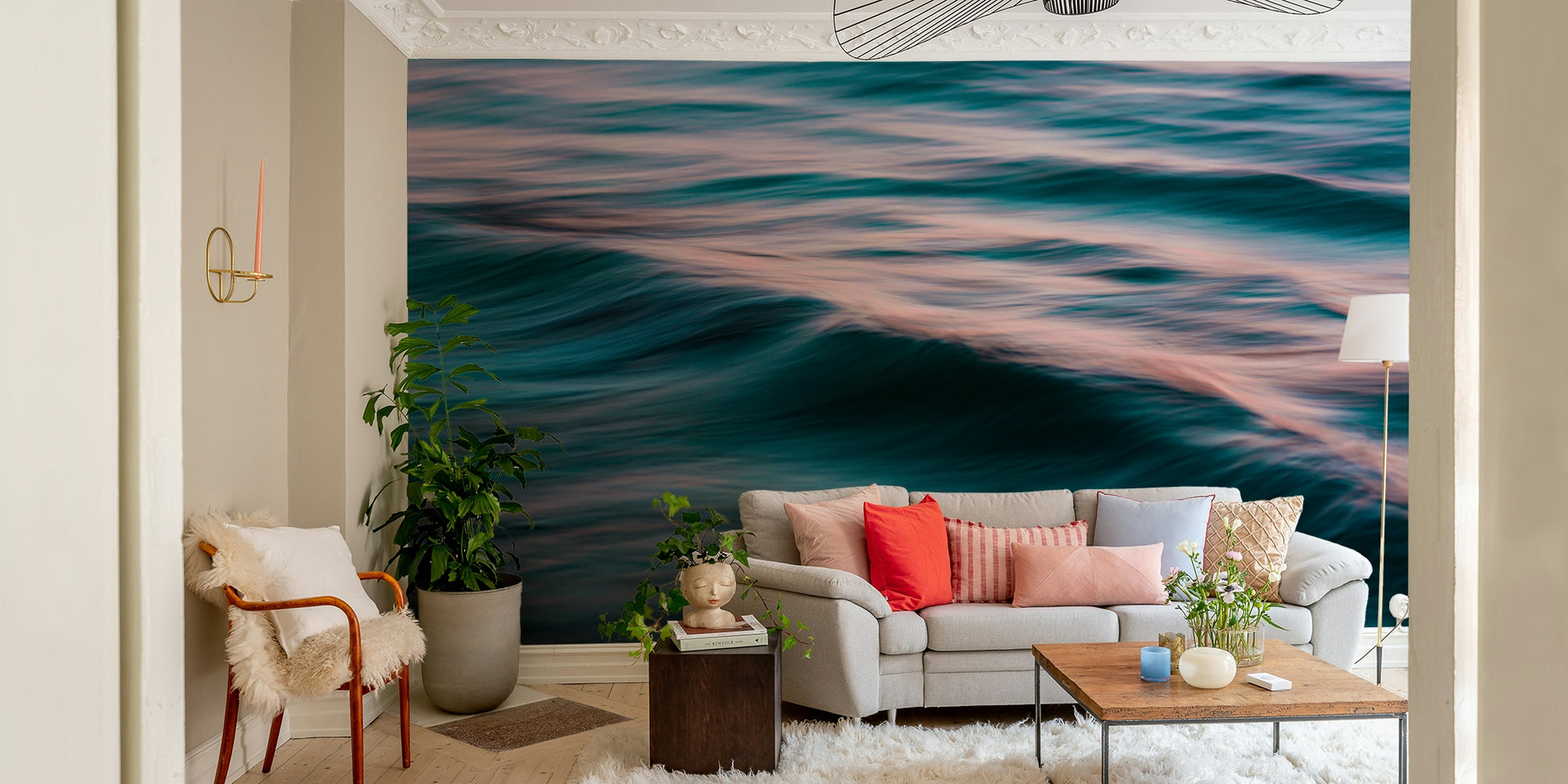 A calming water movement wallpaper mural that defines a space.

